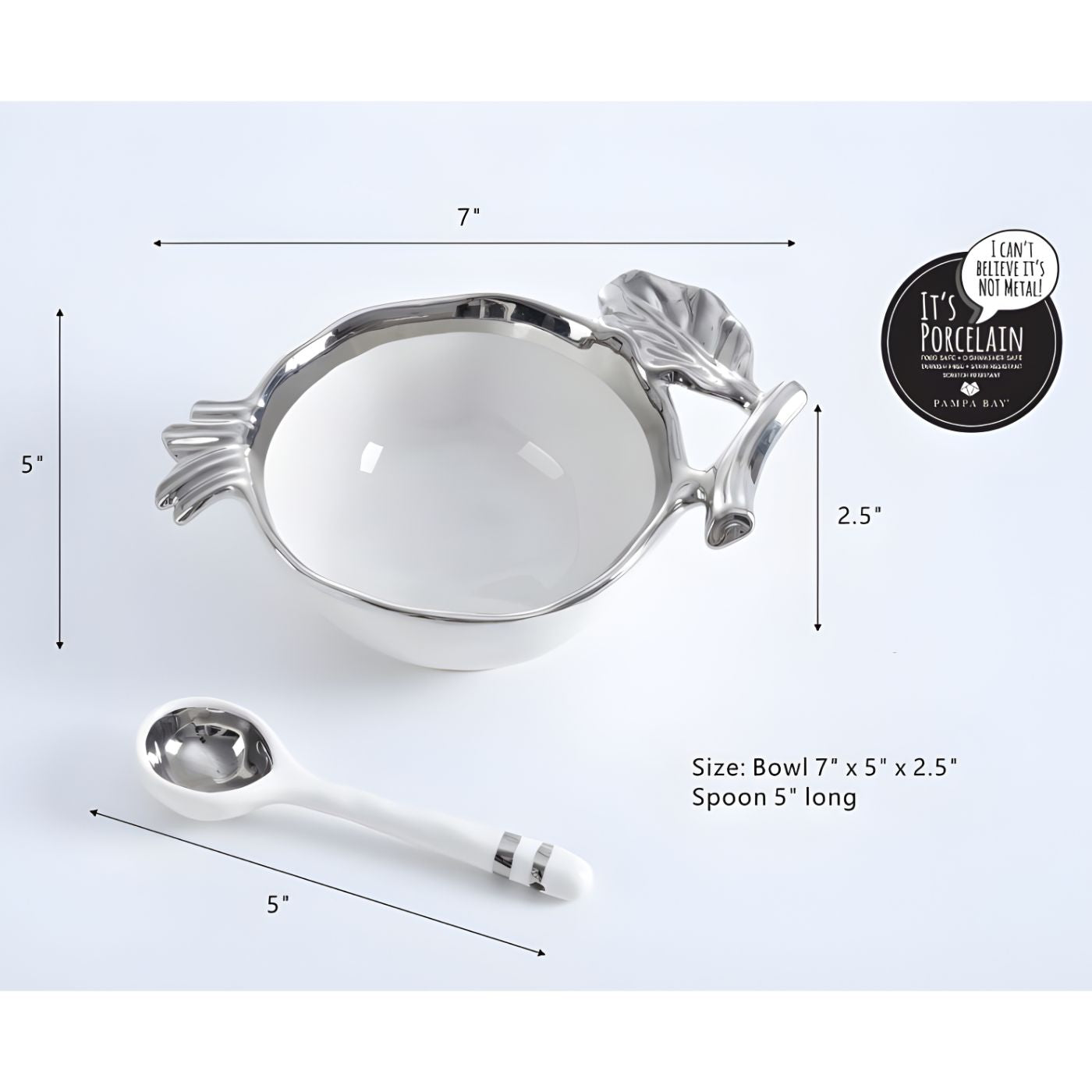 White porcelain pomegranate bowl with silver trim and spoon dimensions