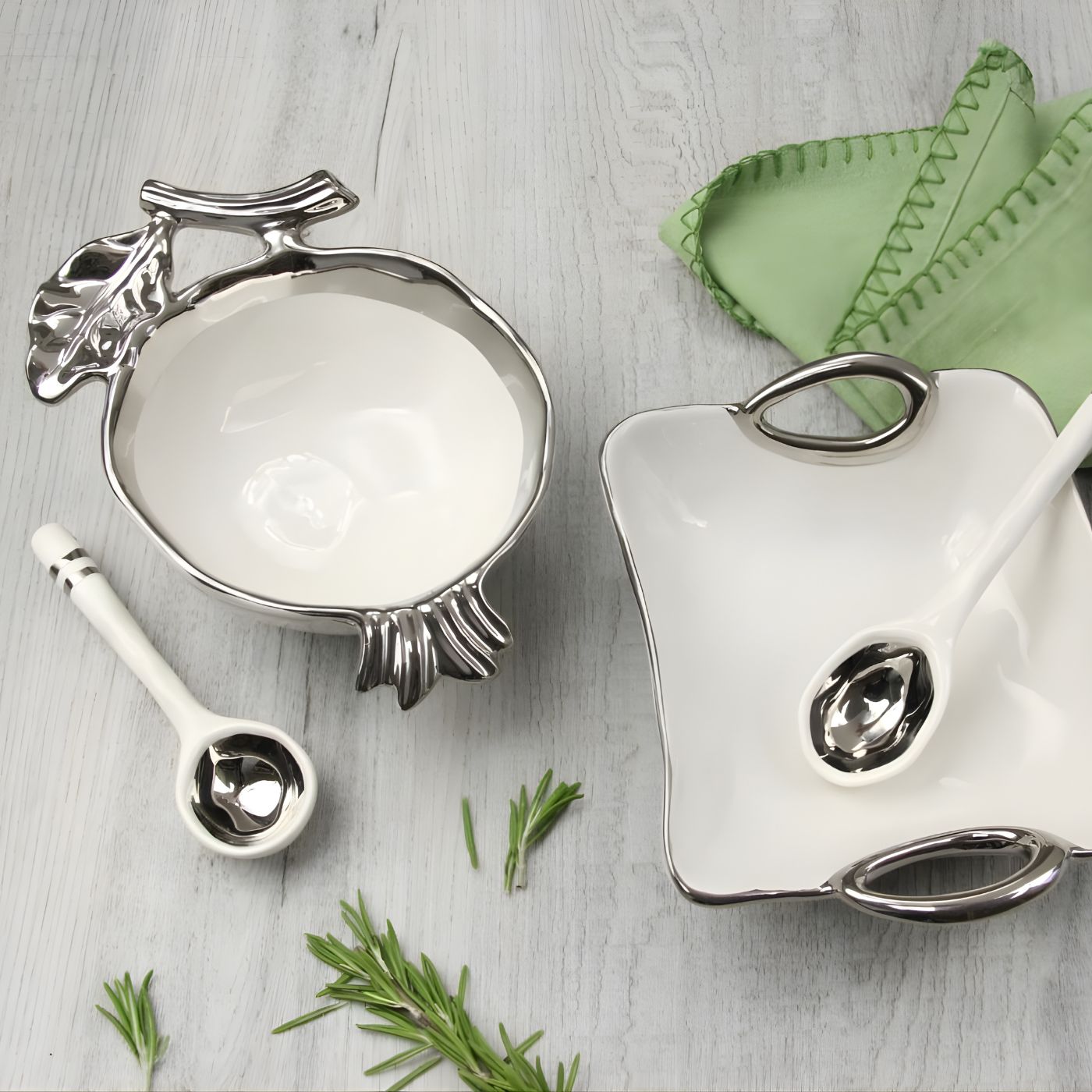Pomegranate shaped porcelain serving bowl with matching porcelain spoon