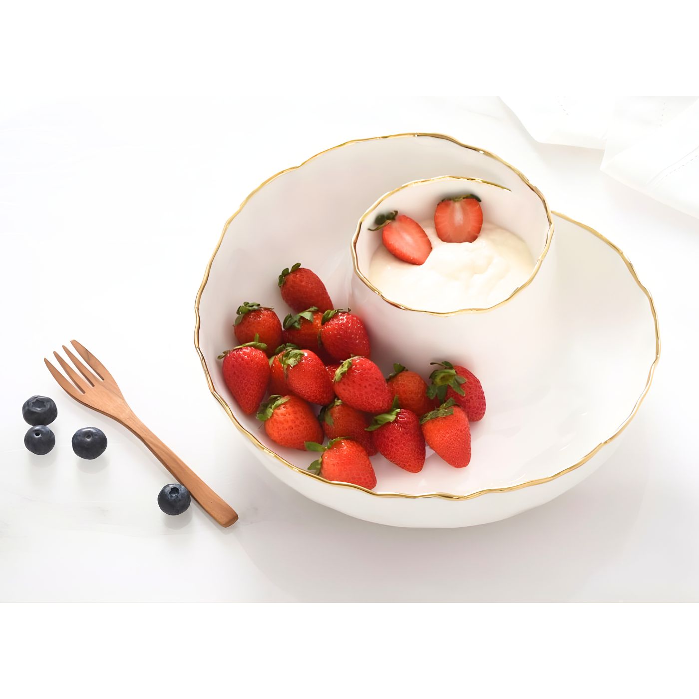 Portofino chip & dip server filled with whipped cream and berries