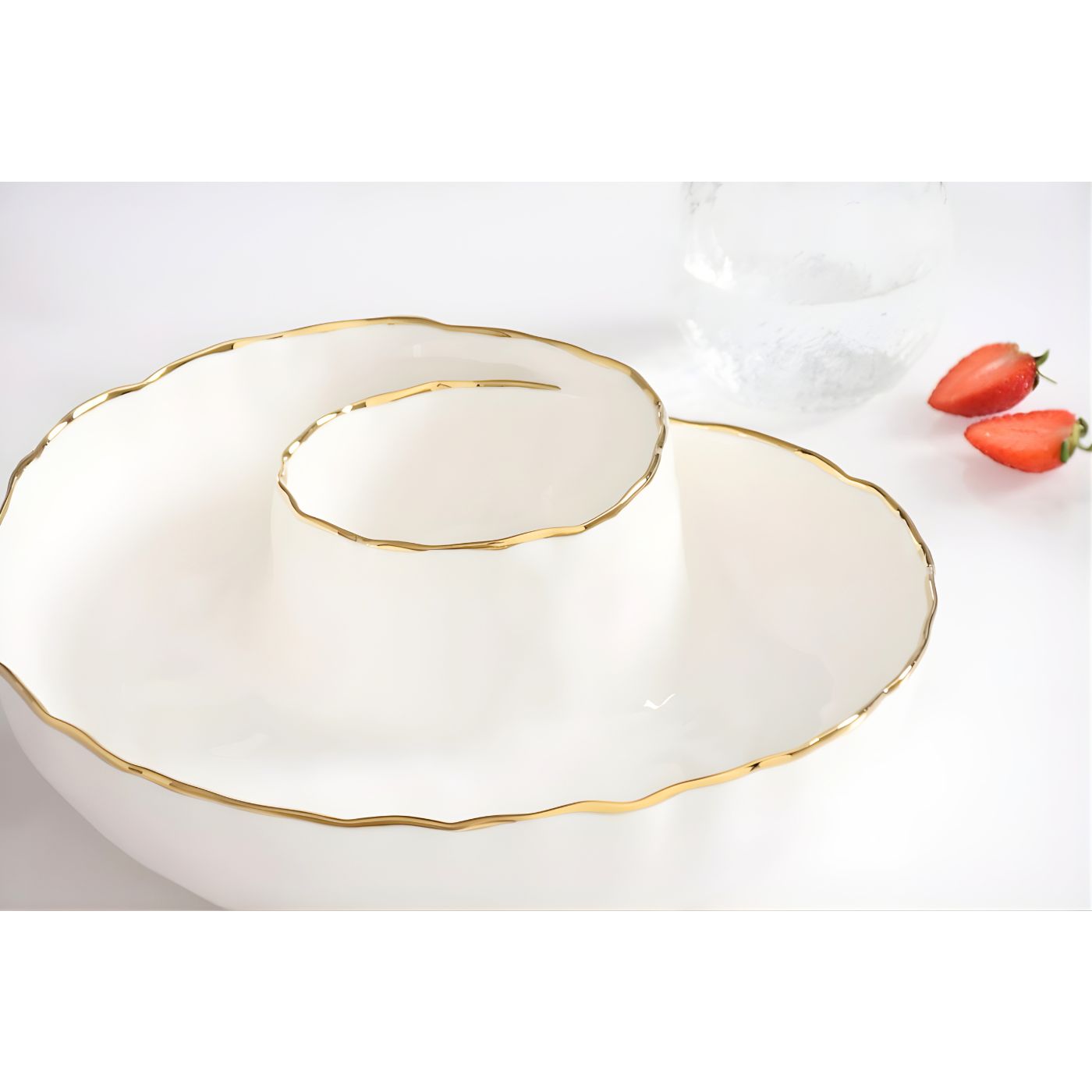 White porcelain chip and dip serving tray with center bowl