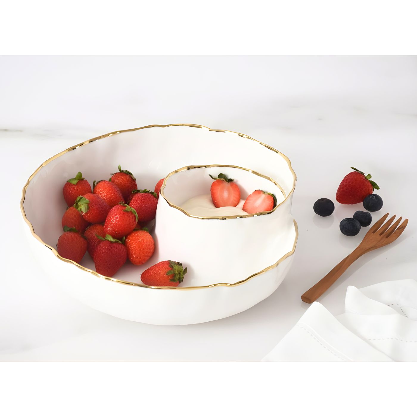 Portofino chip & dip server filled with dip and fruits