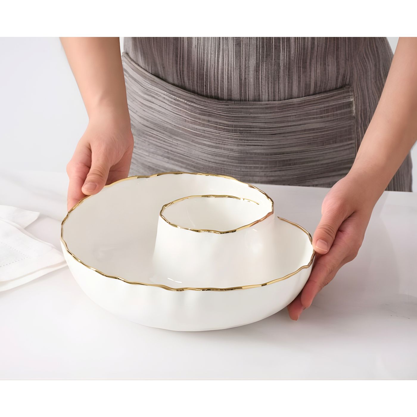 Porcelain dip serving tray with titanium gold rim