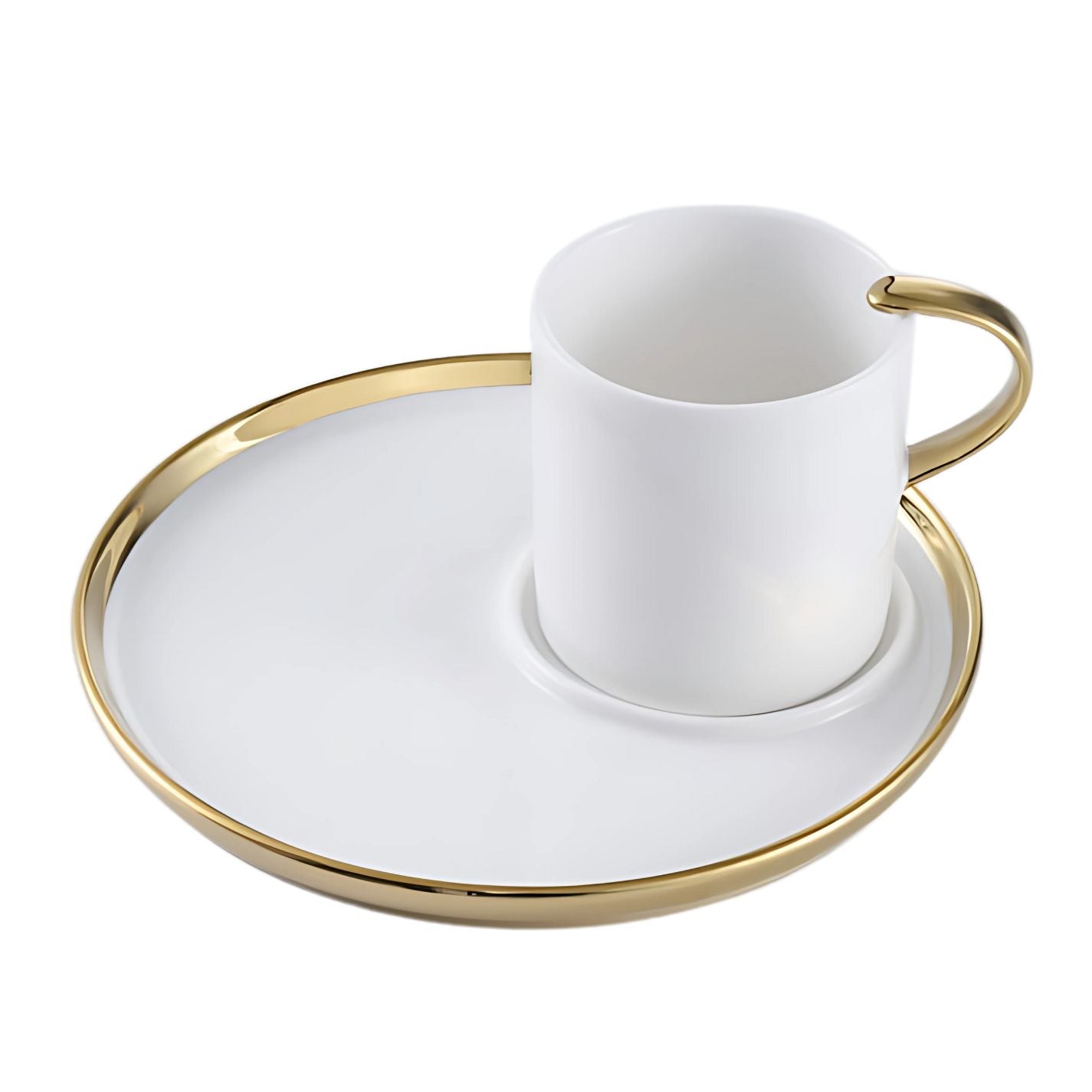 White porcelain cappuccino cup and saucer with gold accents