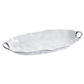 Deep long white porcelain serving dish with silver titanium handles