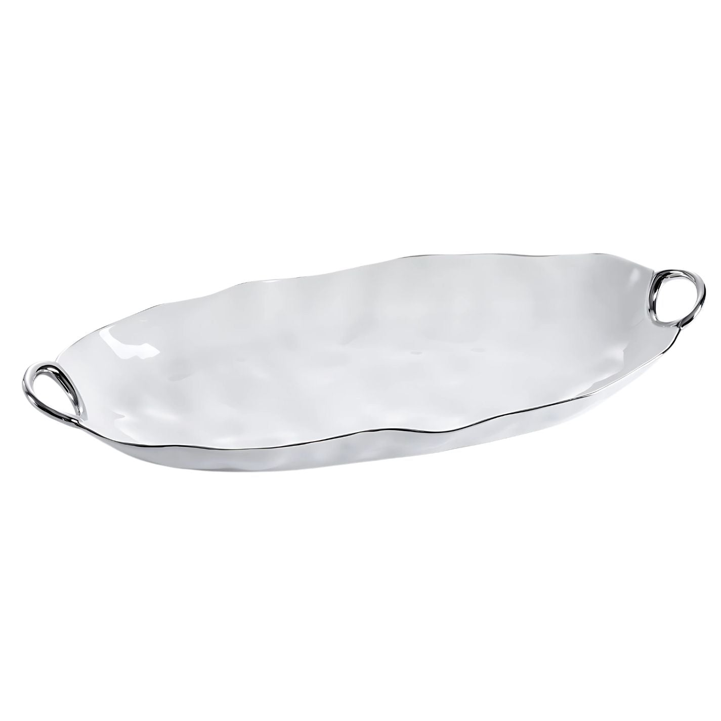 Deep long white porcelain serving dish with silver titanium handles