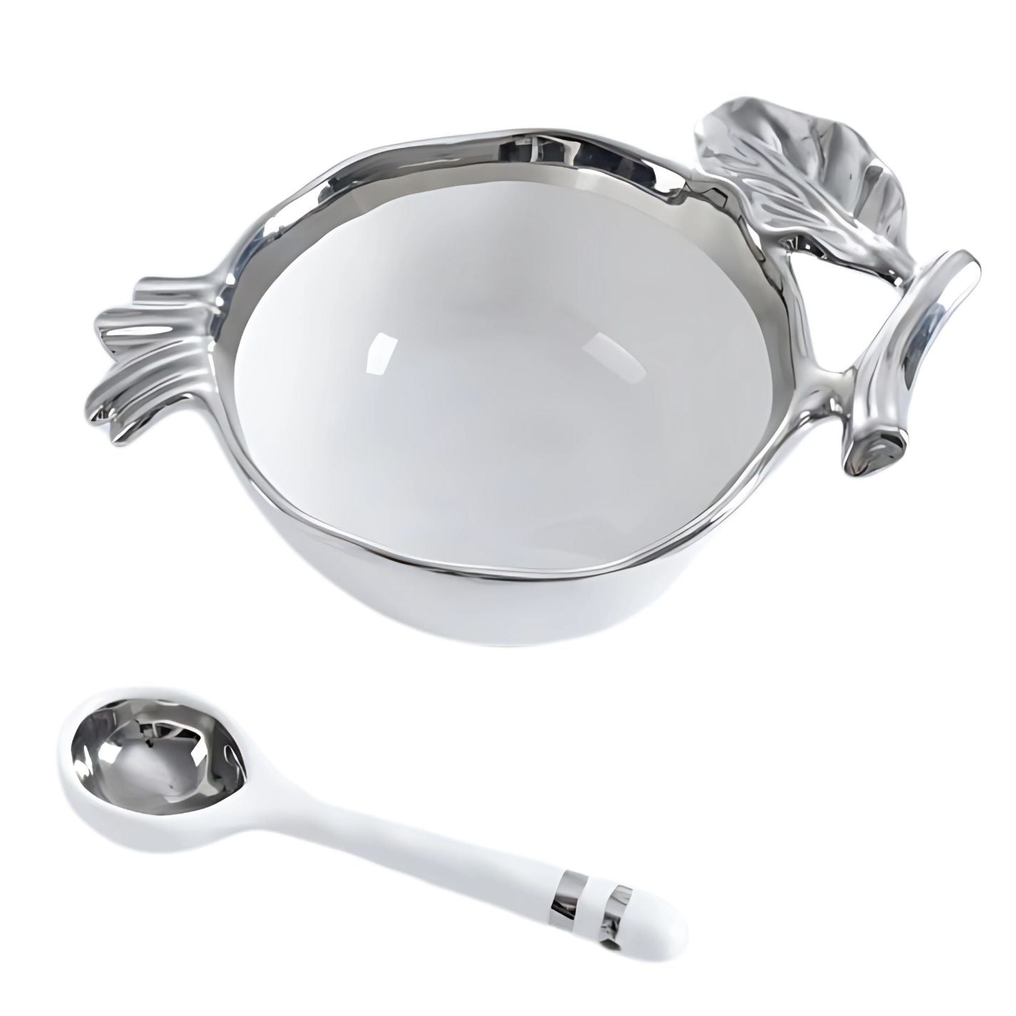White porcelain pomegranate bowl with silver trim and spoon