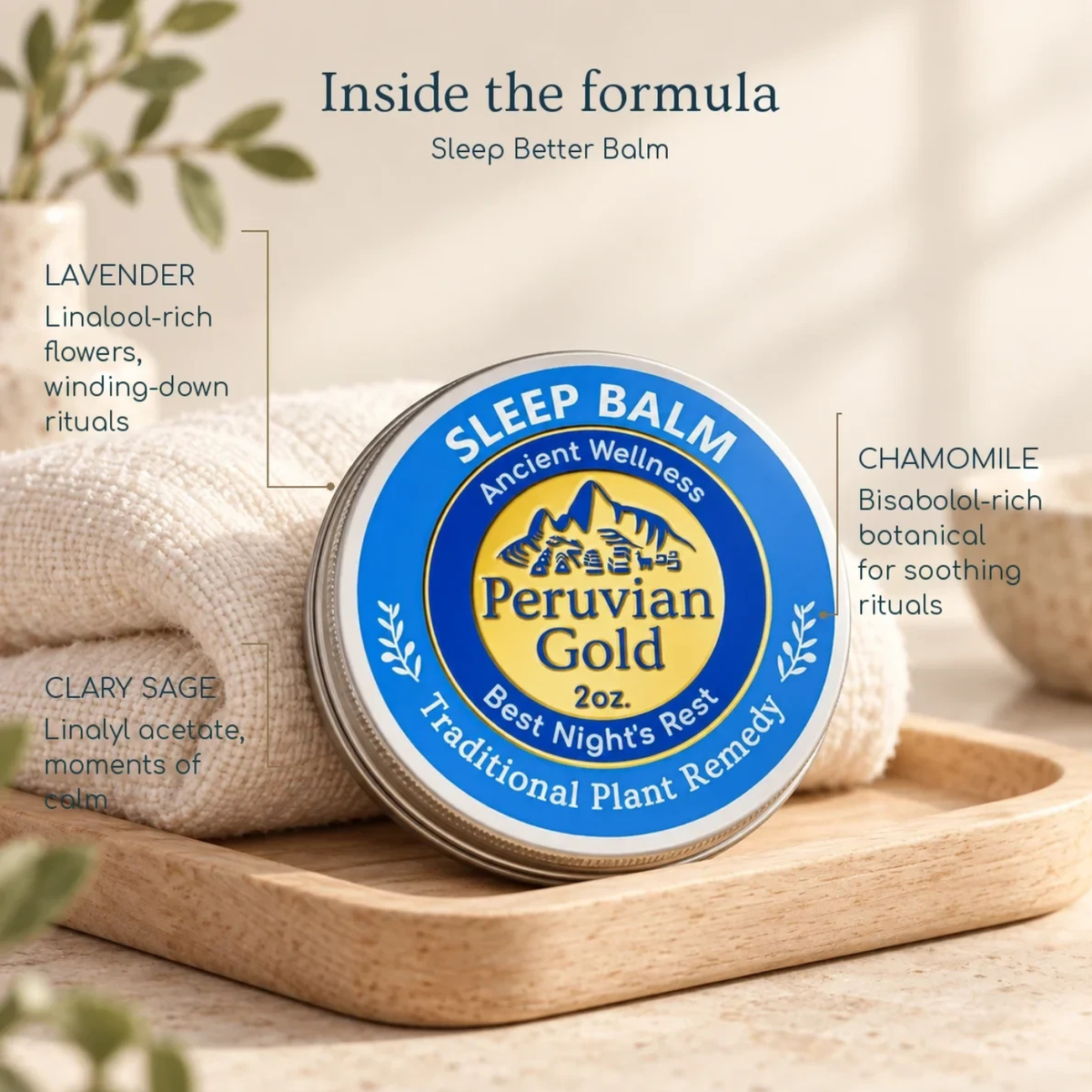 Peruvian Gold Sleep Better Balm beside lavender and chamomile flowers