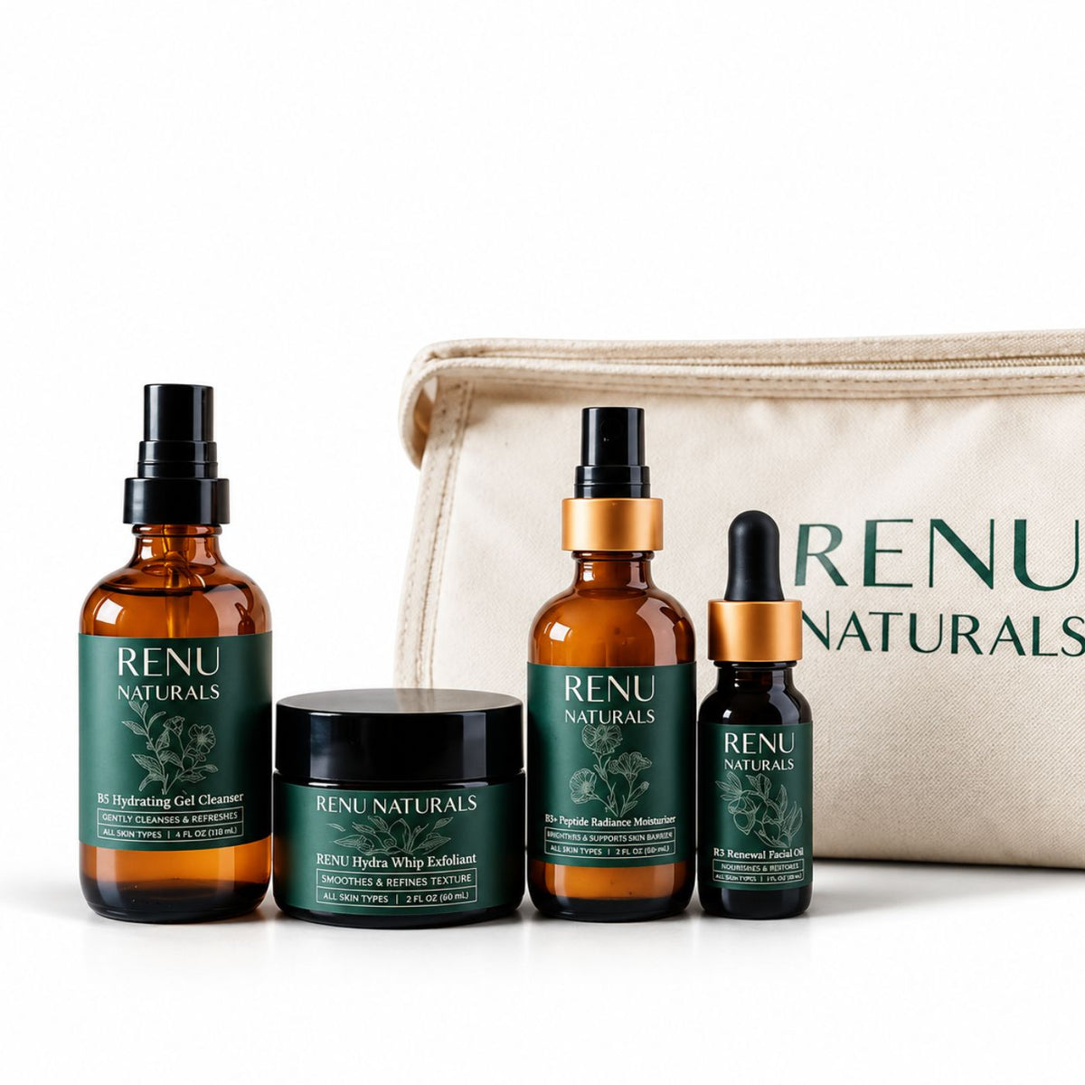 RENU Naturals Complete Skincare Set – Purifying Gel Cleanser, Hydra Whip Exfoliant, Pure Radiance Moisturizer, and Luxury Facial Oil with travel pouch