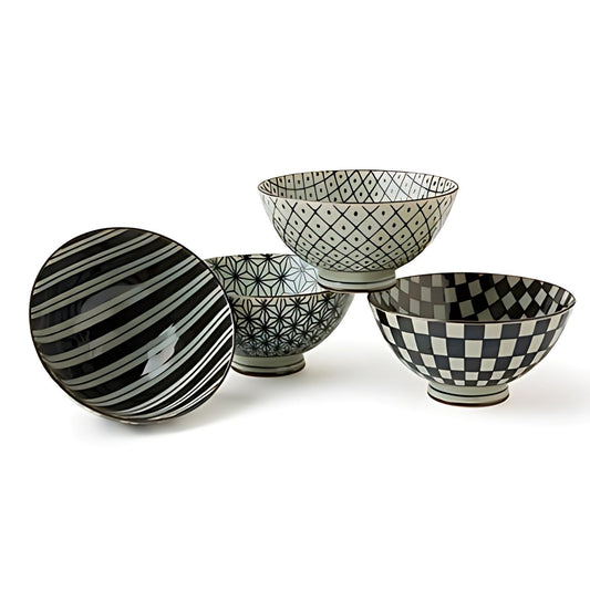 Retro Black & White Japanese Rice Bowl Set – 4 Ceramic Rice Bowls, 4.5 Inch