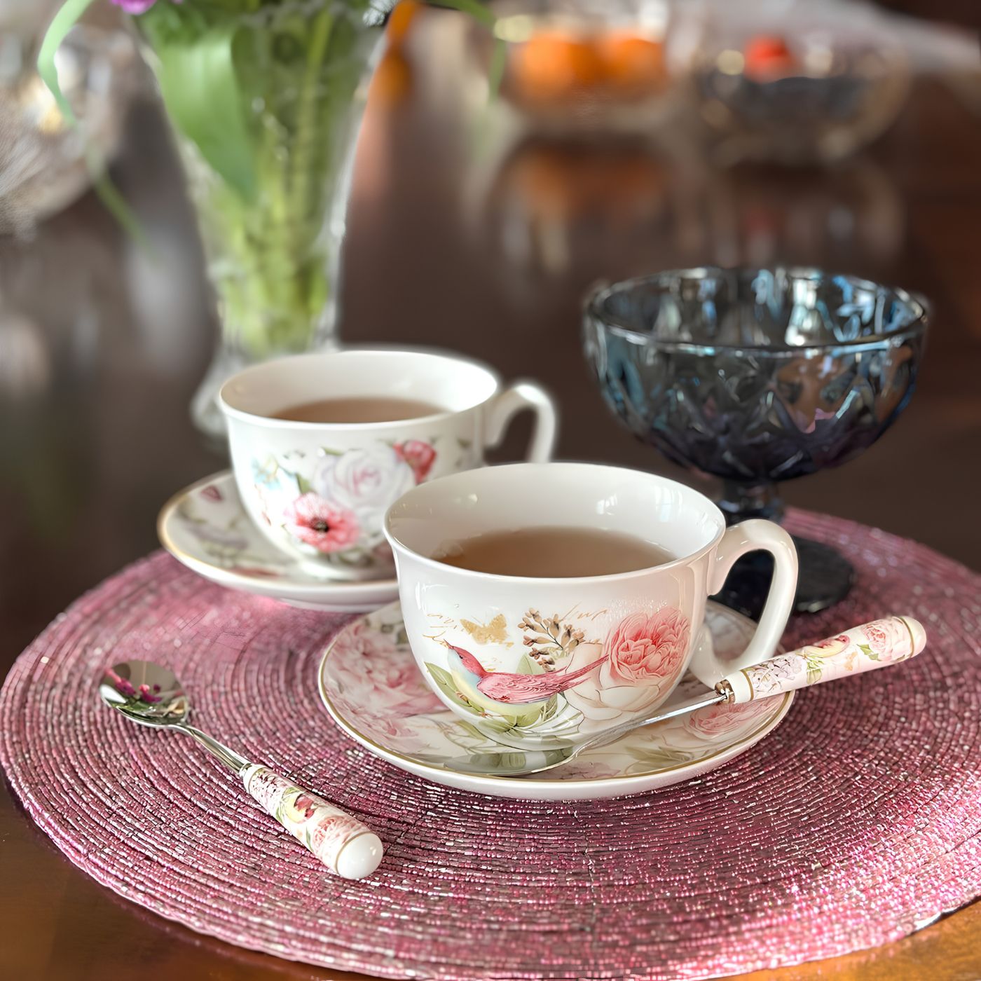 Elegant pink peony spoon set for tea and coffee