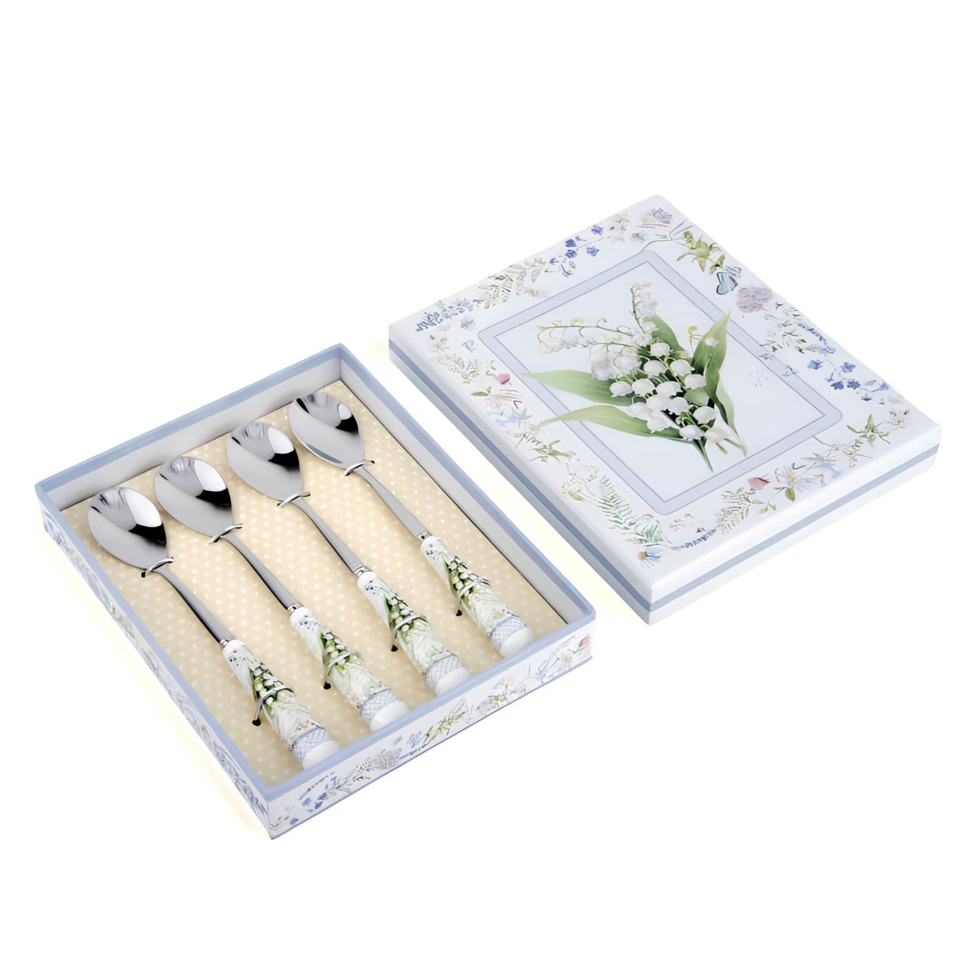 Set of four tea spoons with lily of the valley ceramic handles