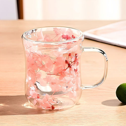 Double wall glass coffee mug with floral design