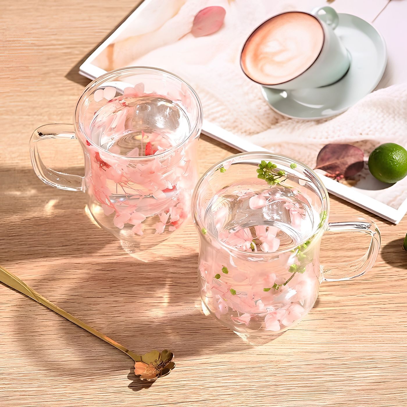 Double walled glass mug for tea and coffee