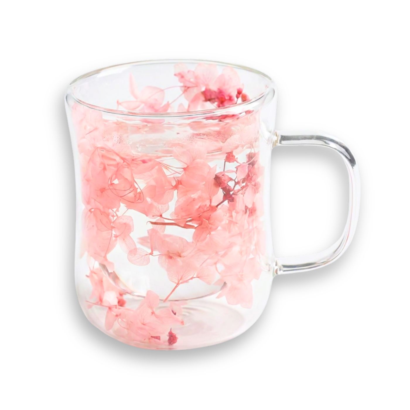 Double wall glass mug with floating pink blossoms
