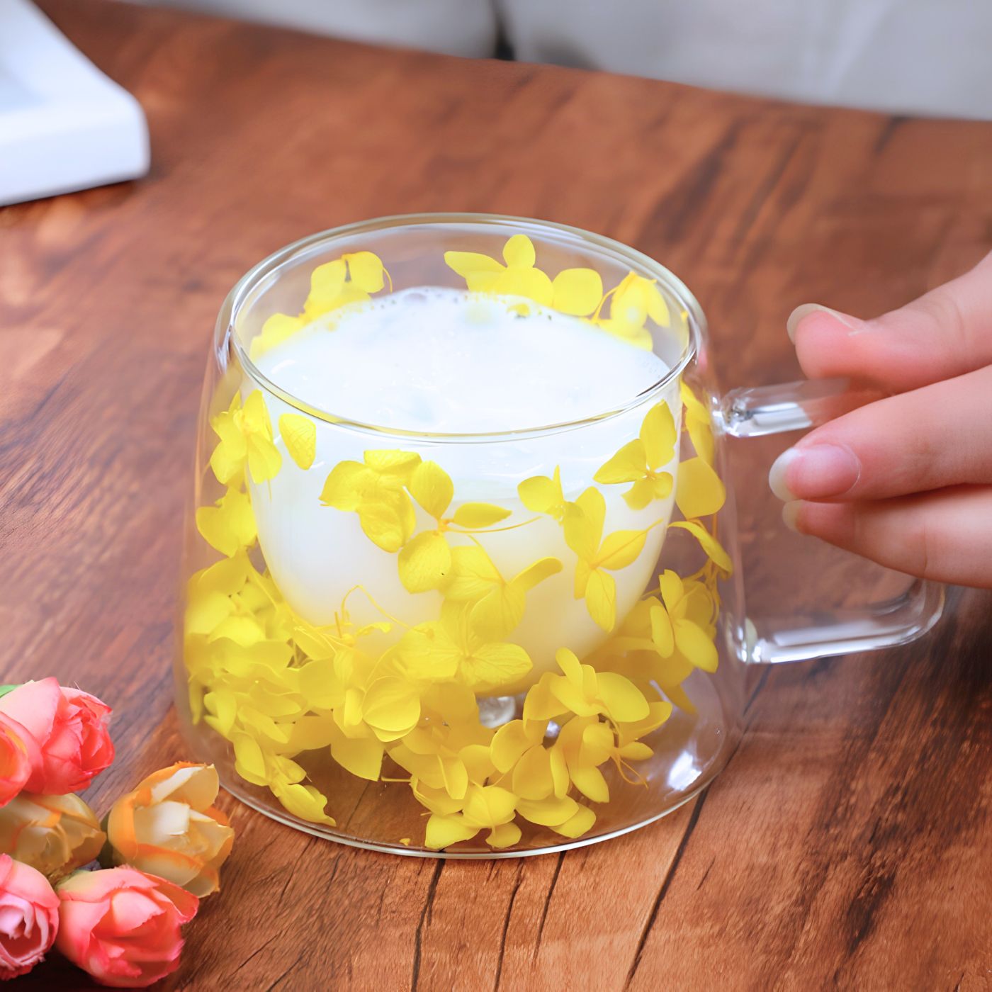 Double walled glass mug for tea and coffee