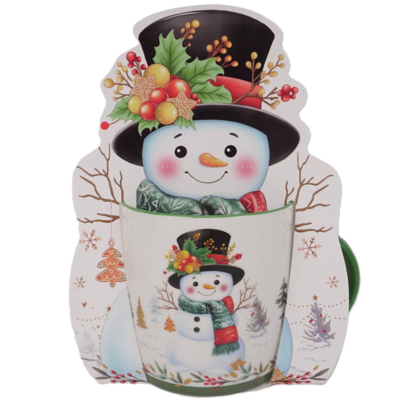 Holiday porcelain coffee cup in festive gift packaging