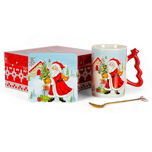 Christmas porcelain mug with coaster and spoon