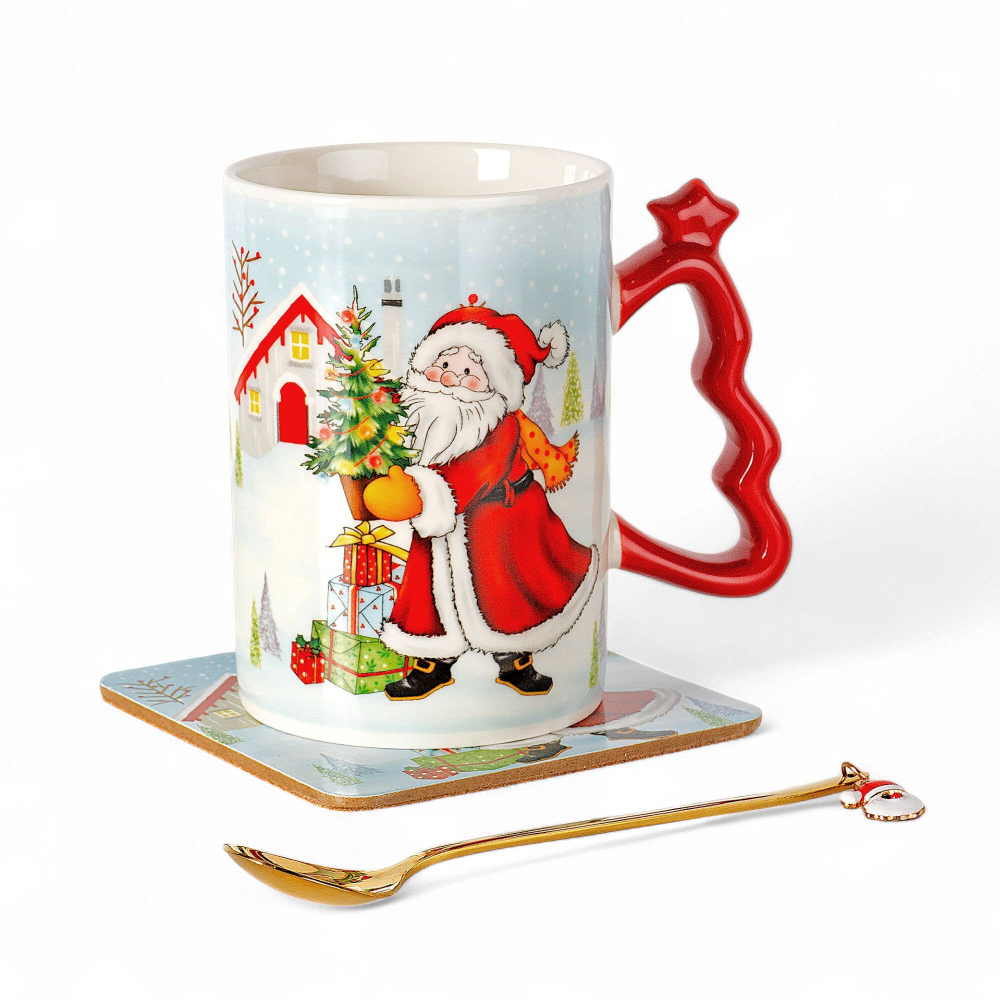 Christmas ceramic mug with matching coaster and spoon