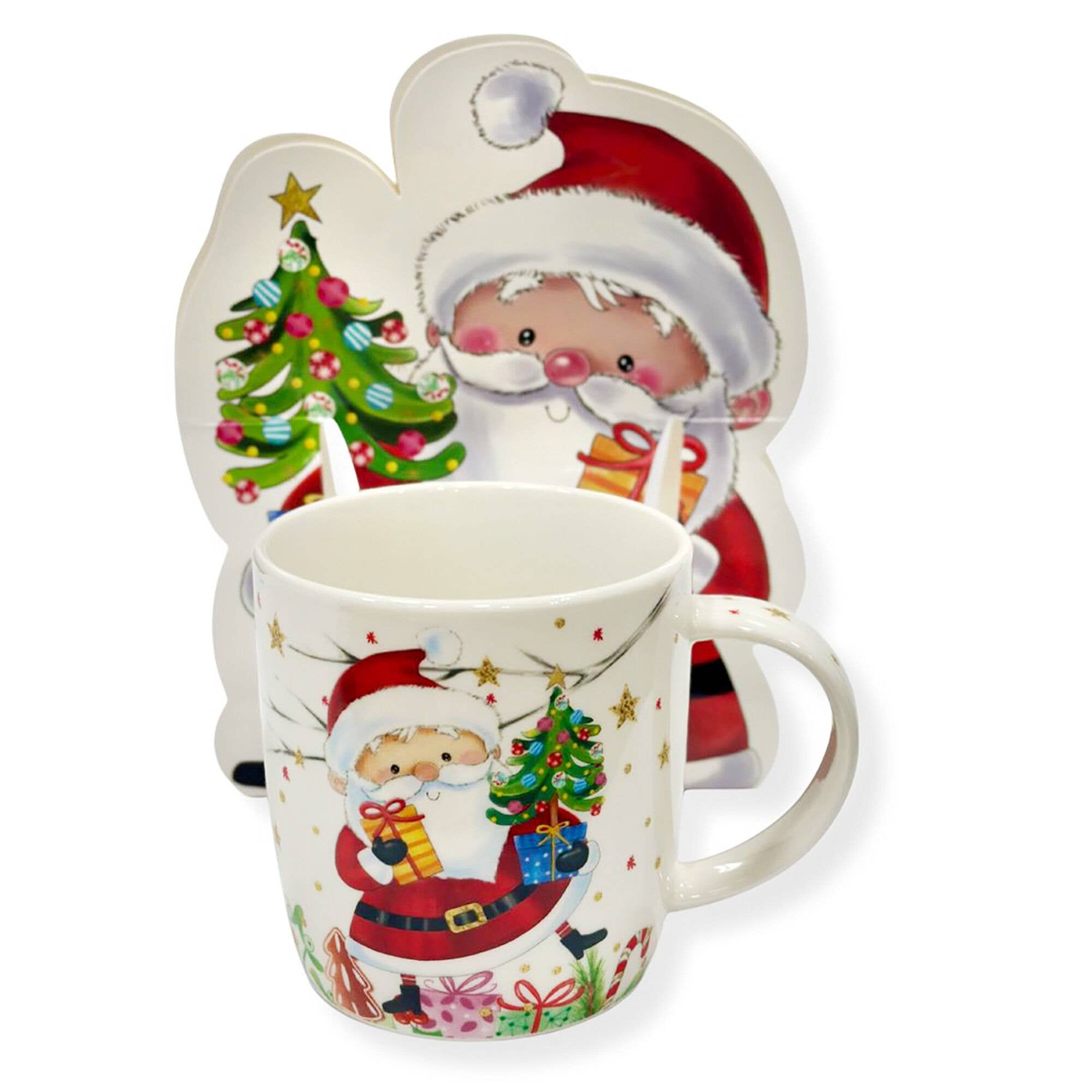 Holiday porcelain coffee cup in festive gift packaging