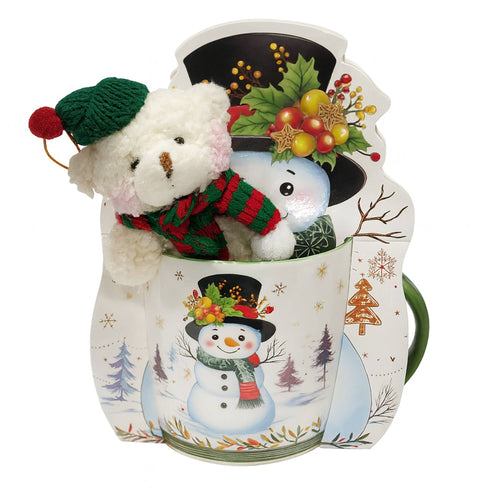 Snowman porcelain mug with plush bear ornament