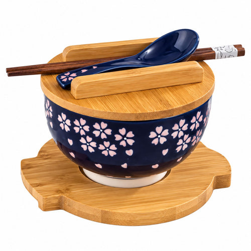 Sakura Cherry Blossom porcelain bowl set with bamboo lid and chopsticks