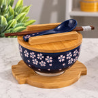 Navy blue sakura bowl with pink cherry blossoms