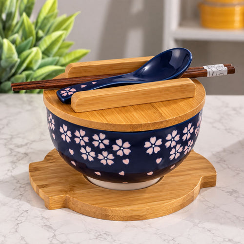 Navy blue sakura bowl with pink cherry blossoms