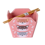 Pink Shiba Inu ceramic takeout bowl with chopsticks