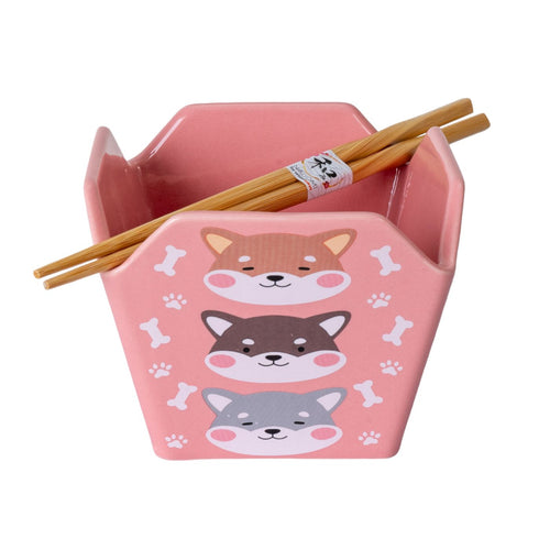 Pink Shiba Inu ceramic takeout bowl with chopsticks