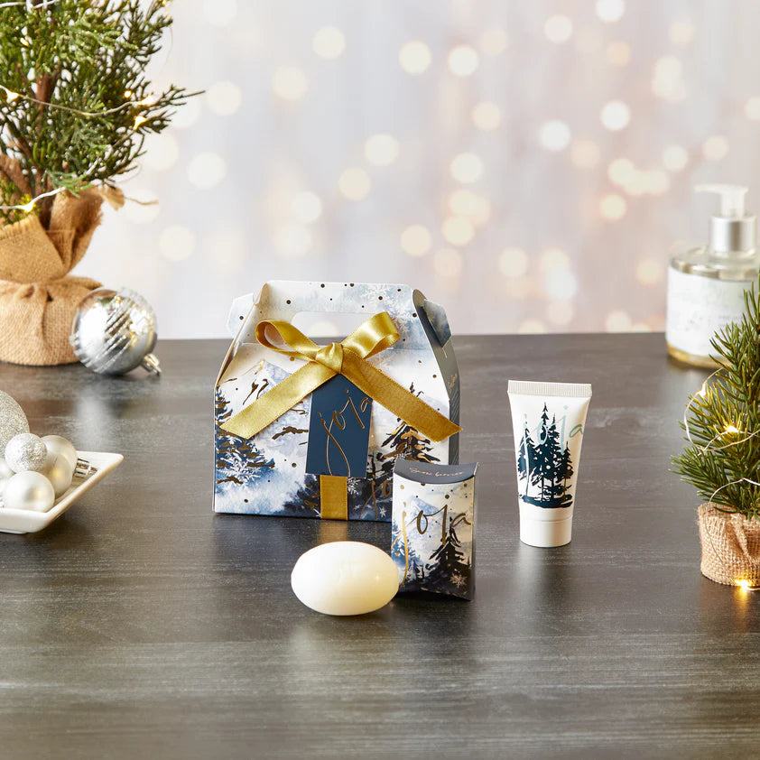 Pre de Provence European Soaps Joia Snow Berries Hand & Soap Gift Set – Holiday Mini Duo on the holiday table 