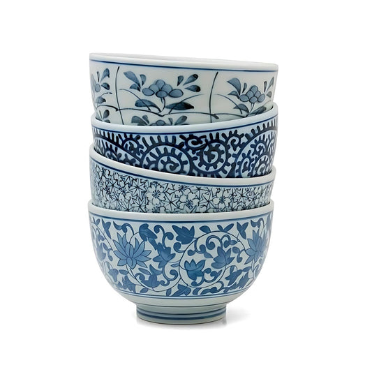 Sometsuke Japanese Bowl Set – 4 Classic Blue and White Ceramic Bowls, 5 Inch