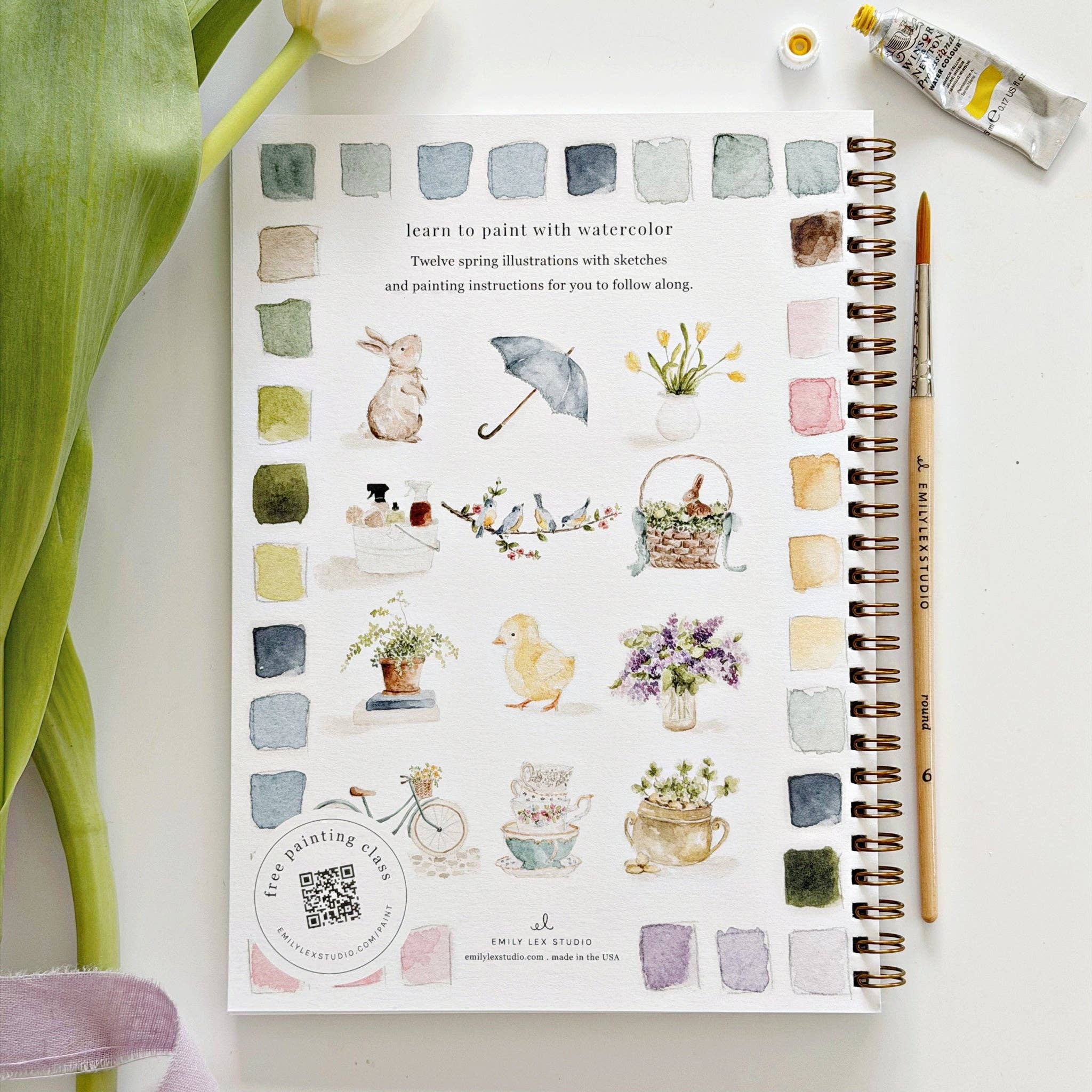 Beginner watercolor spring illustrations book back cover