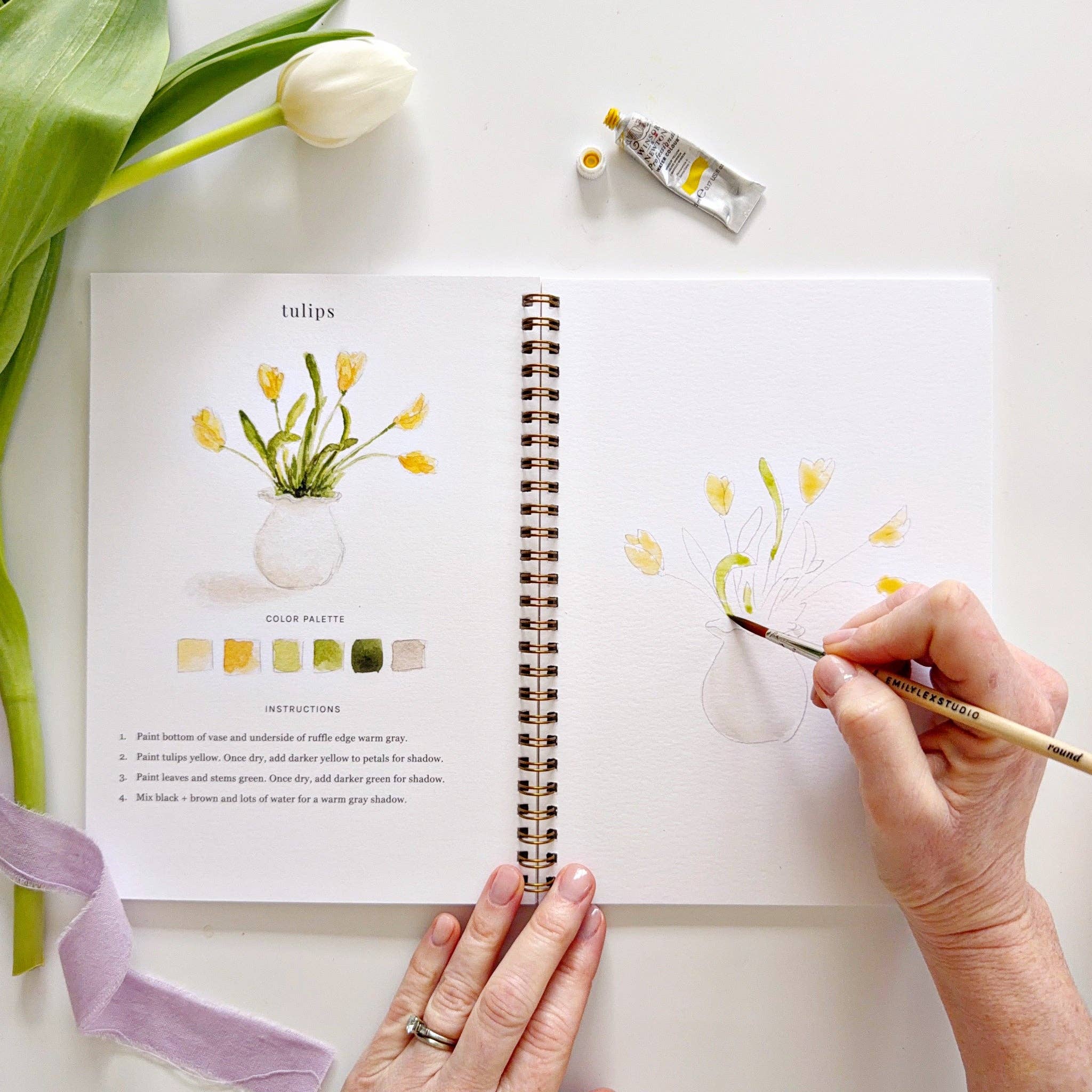 Spring watercolor workbook bunny tulips painting pages
