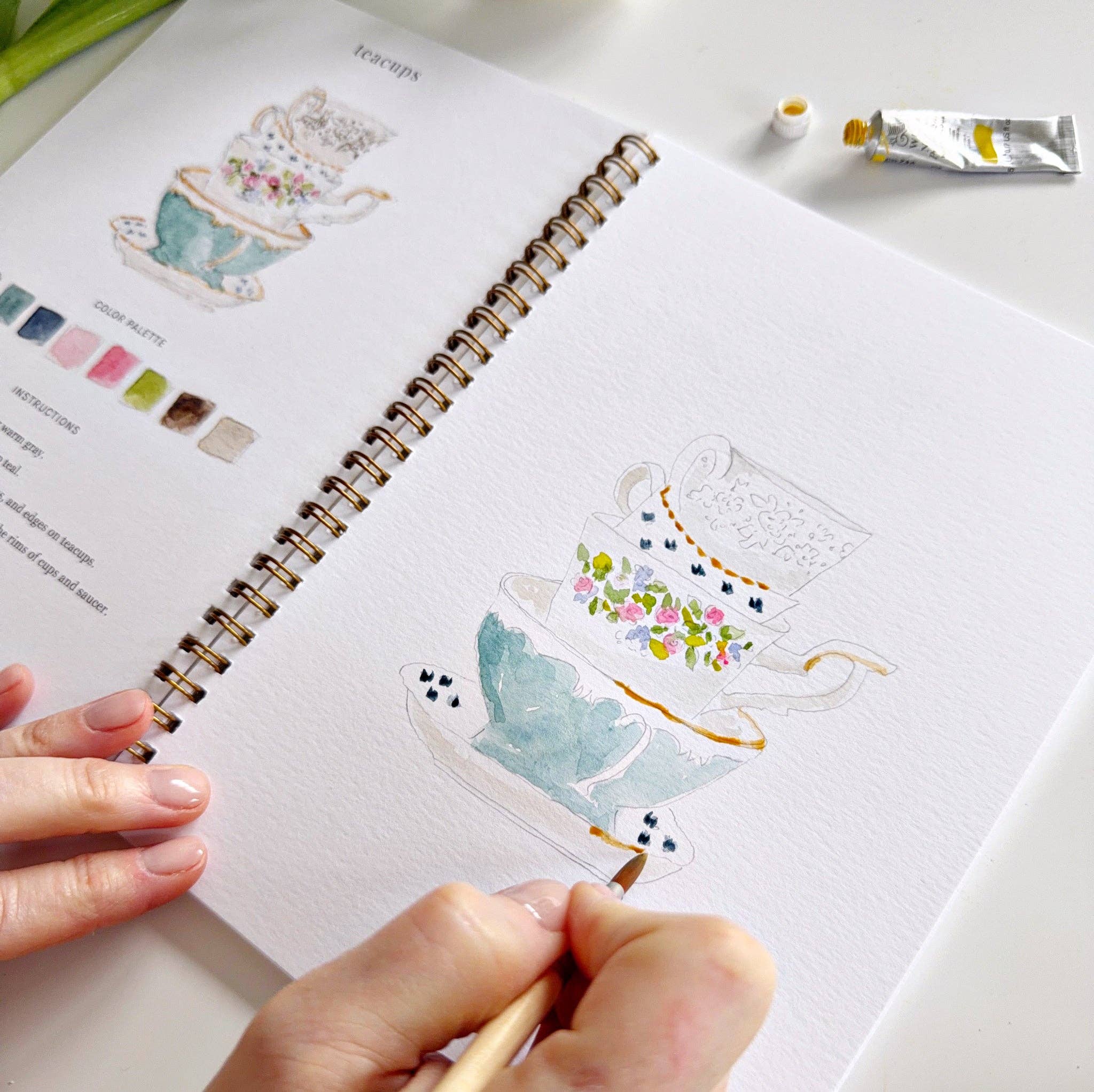 Watercolor spring theme teacups illustration