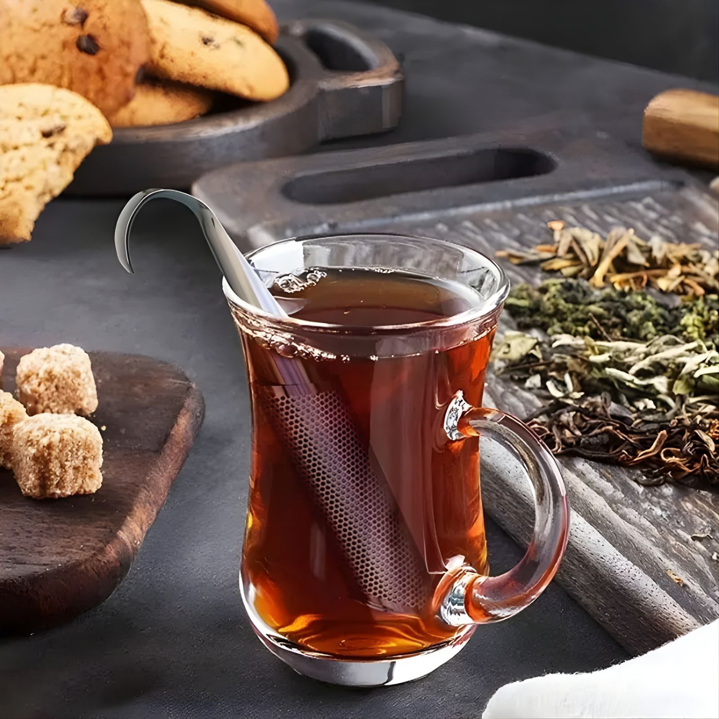 Long handle tea infuser steeping loose leaf tea in glass tea pot