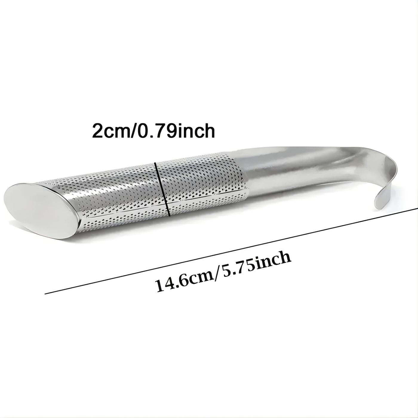 Close-up of fine mesh stainless steel tea infuser and dimensions