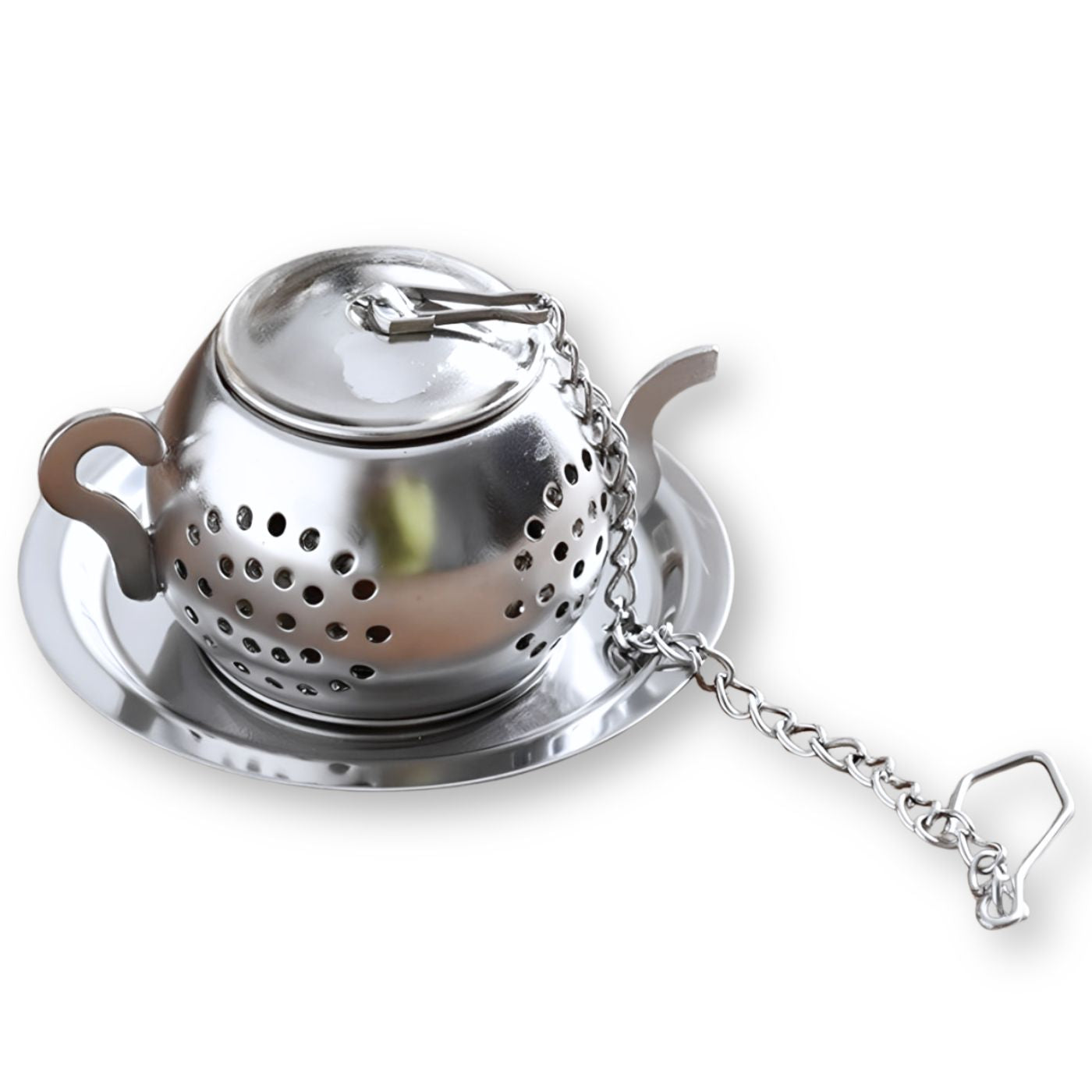 Teapot-shaped loose leaf tea infuser with drip tray