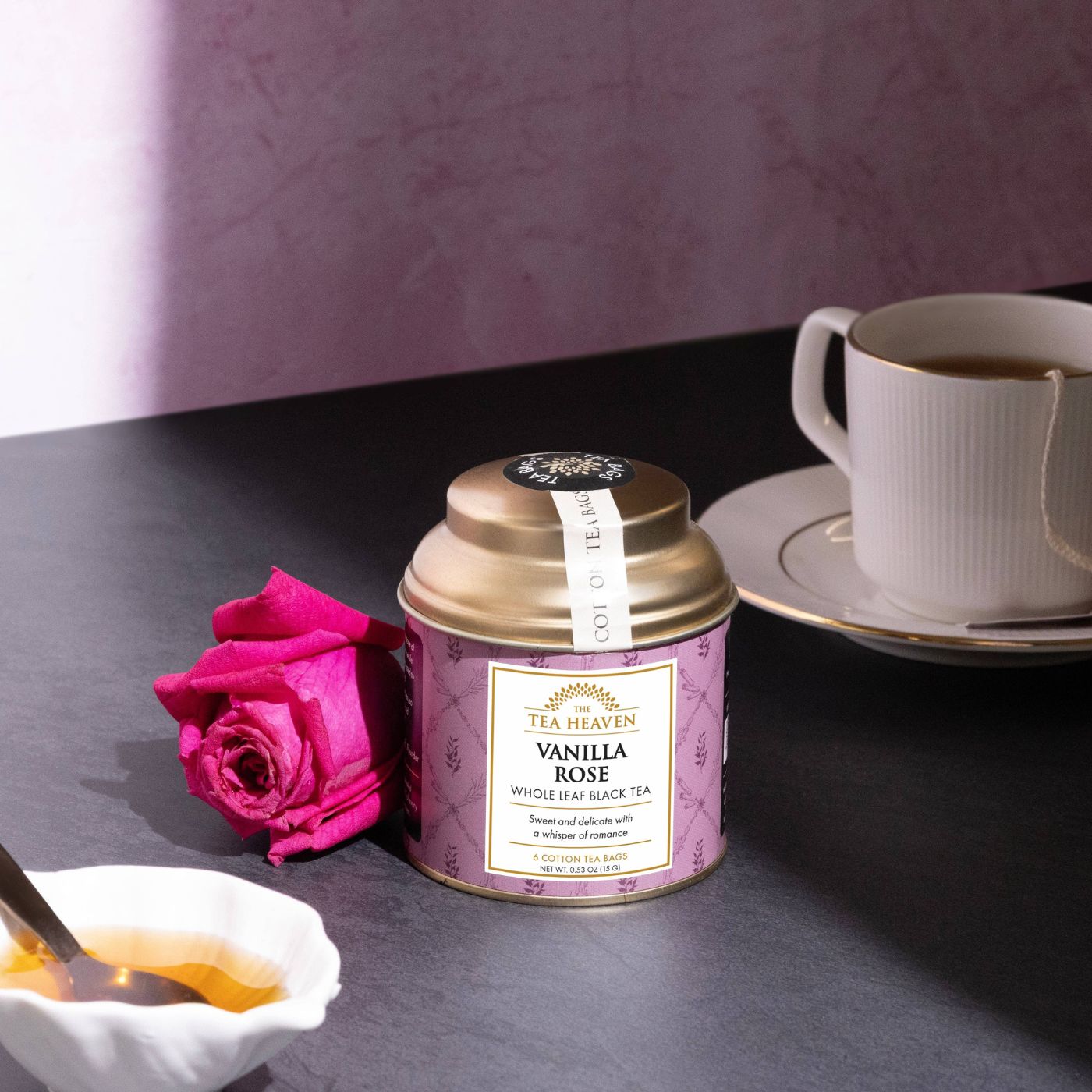 Rose and vanilla tea brewed in cup