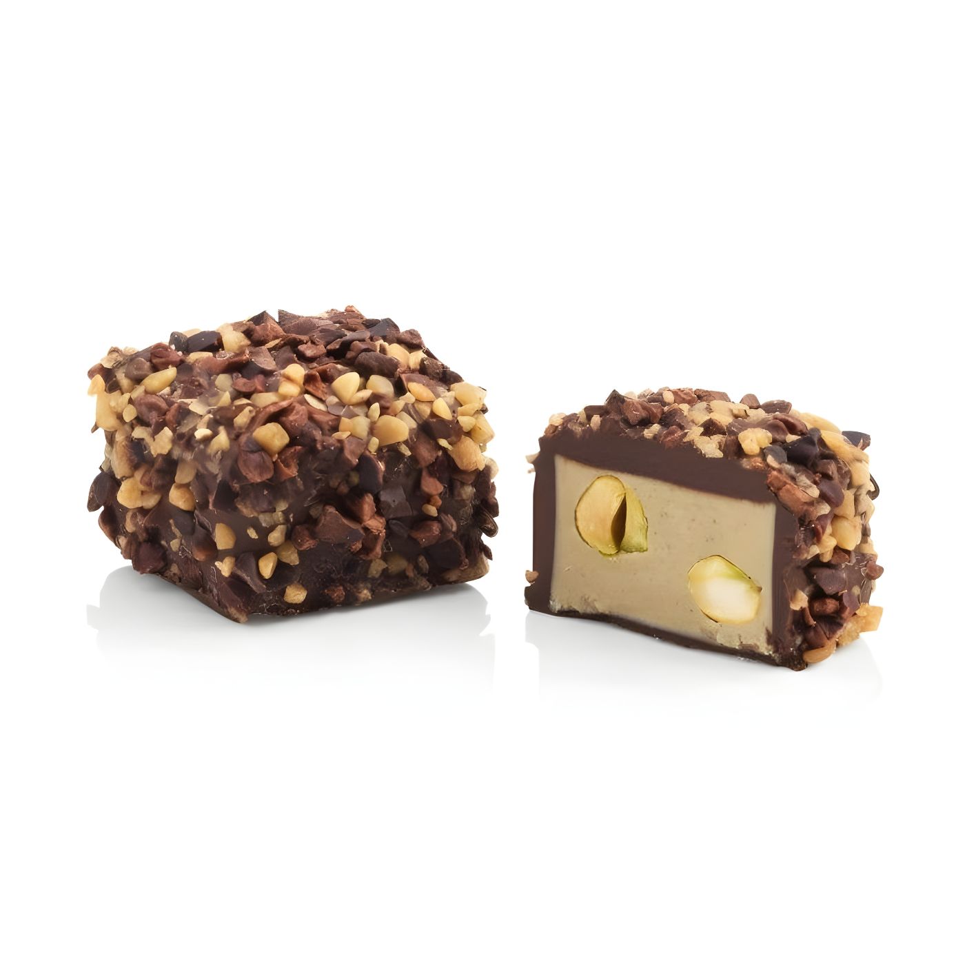 Pistachio and Piedmont Hazelnut filling with crunchy whole pistachios and dark chocolate shell, toffee crumbs & nibs