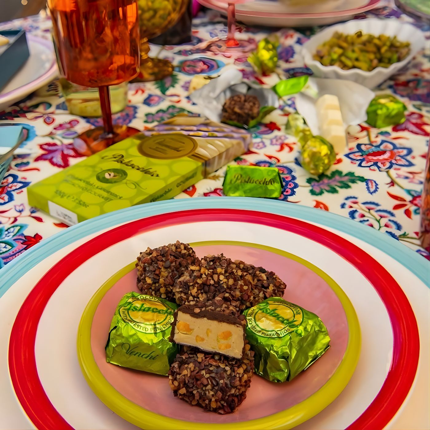 Italian venchi pistachio chocolate served on dessert plate