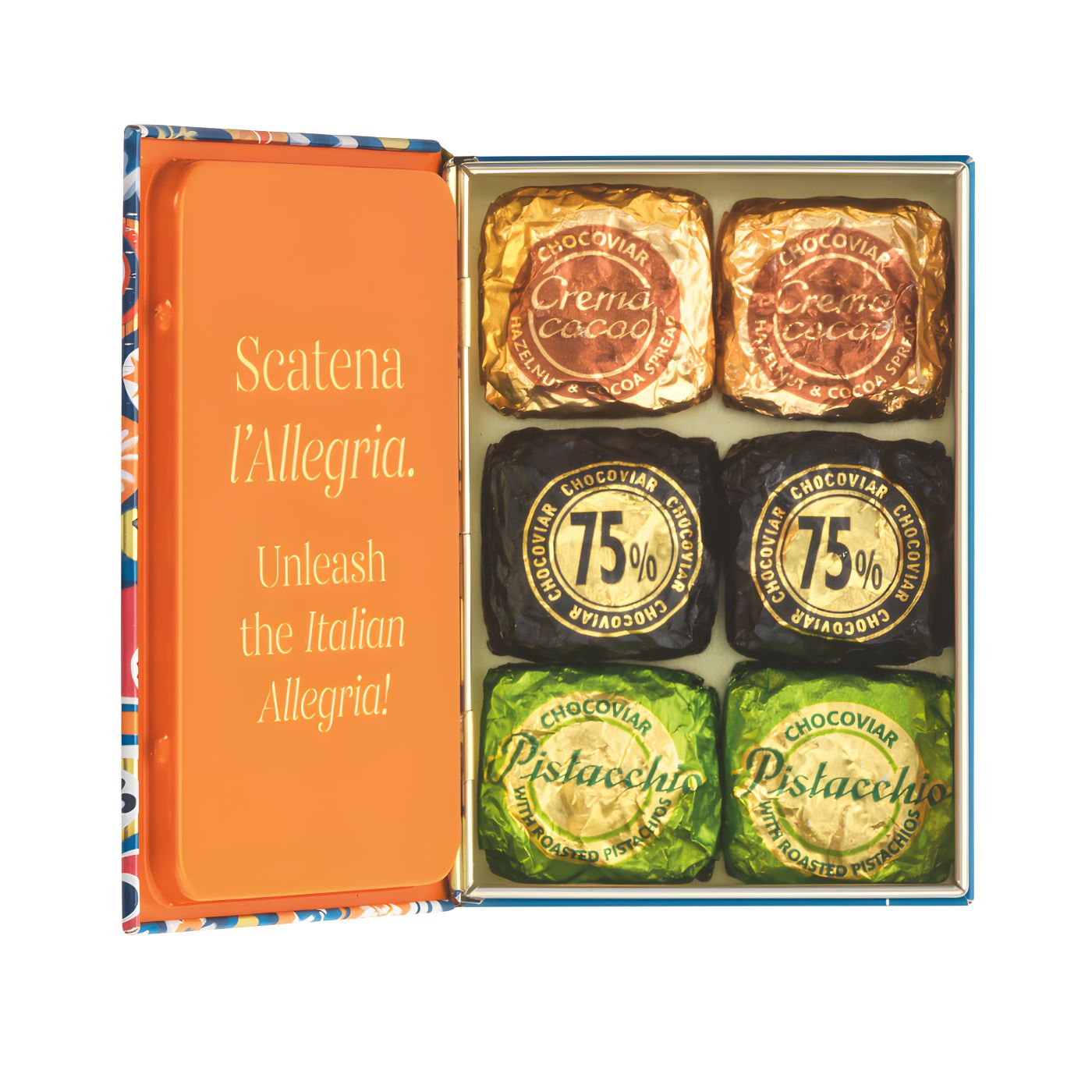 Assorted Chocoviar chocolates inside mini luxury chocolate gift box top view