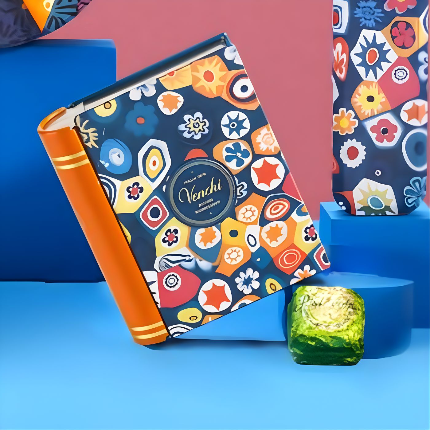 Venchi mini book chocolate tin displayed on table