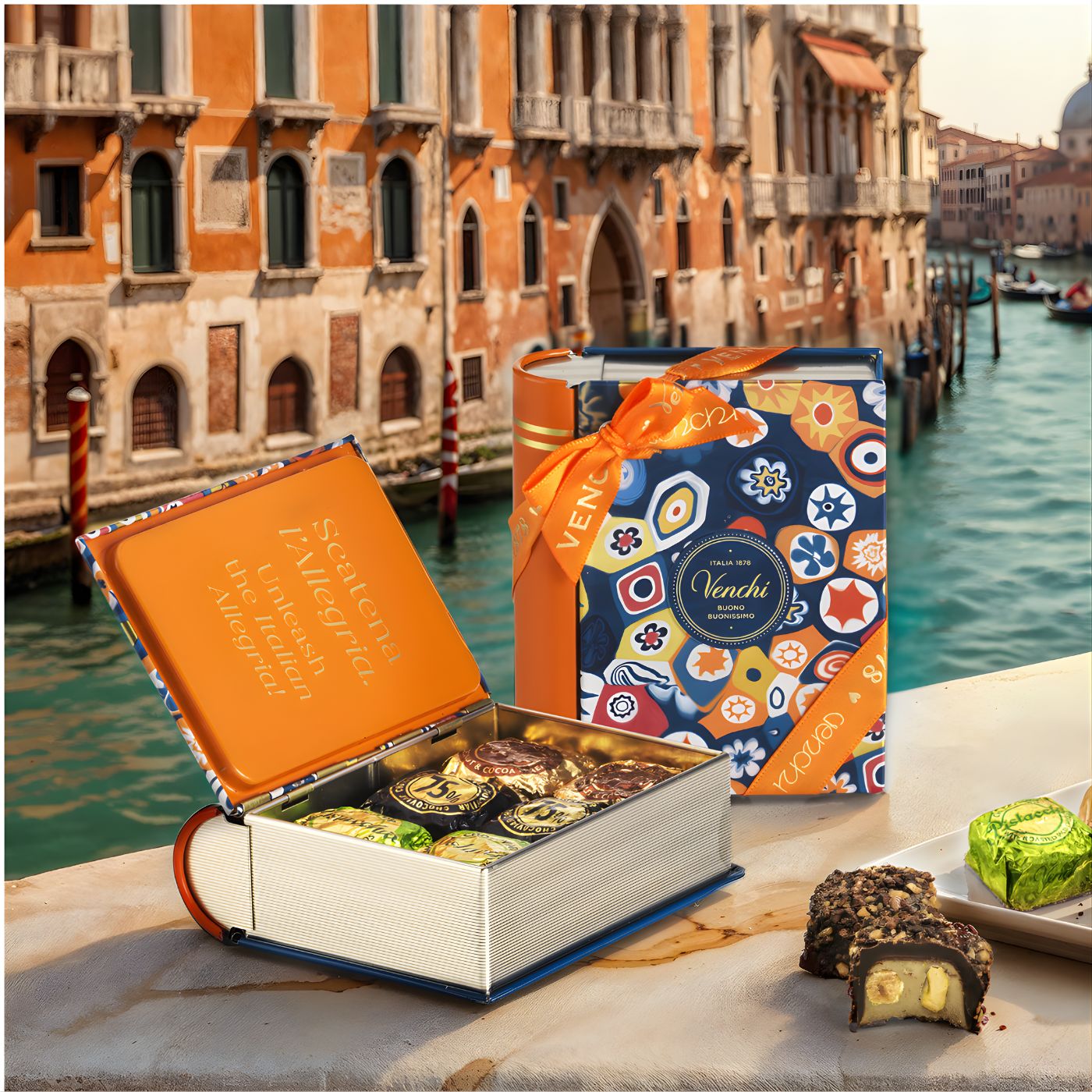 Pistachio and dark Chocoviar chocolates with chocolate caviar coating with Venice background