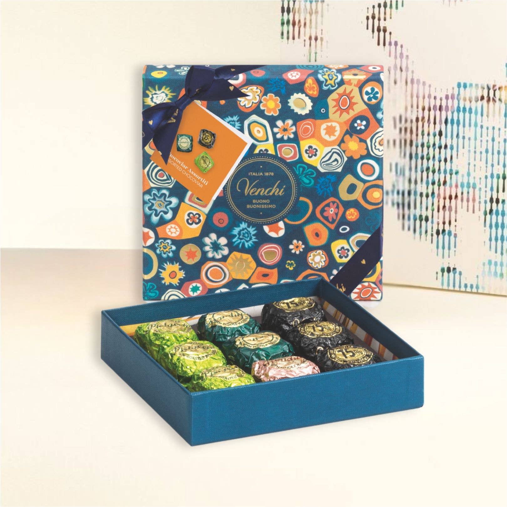 Venchi gourmet chocolate blue box displayed for holiday gifting
