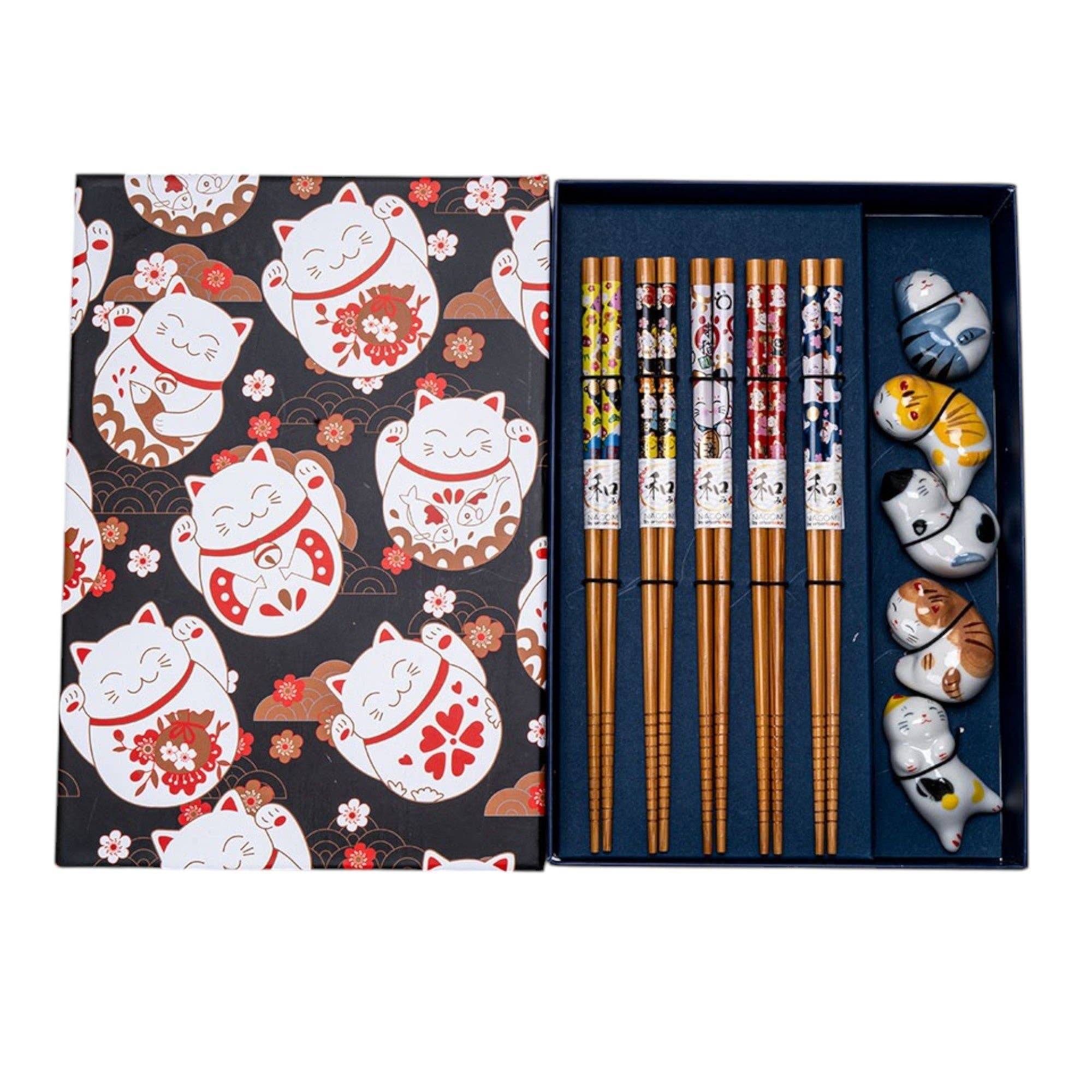 5 Pair Cute Cats Bamboo Chopsticks and Rests Gift Set (1/36)
