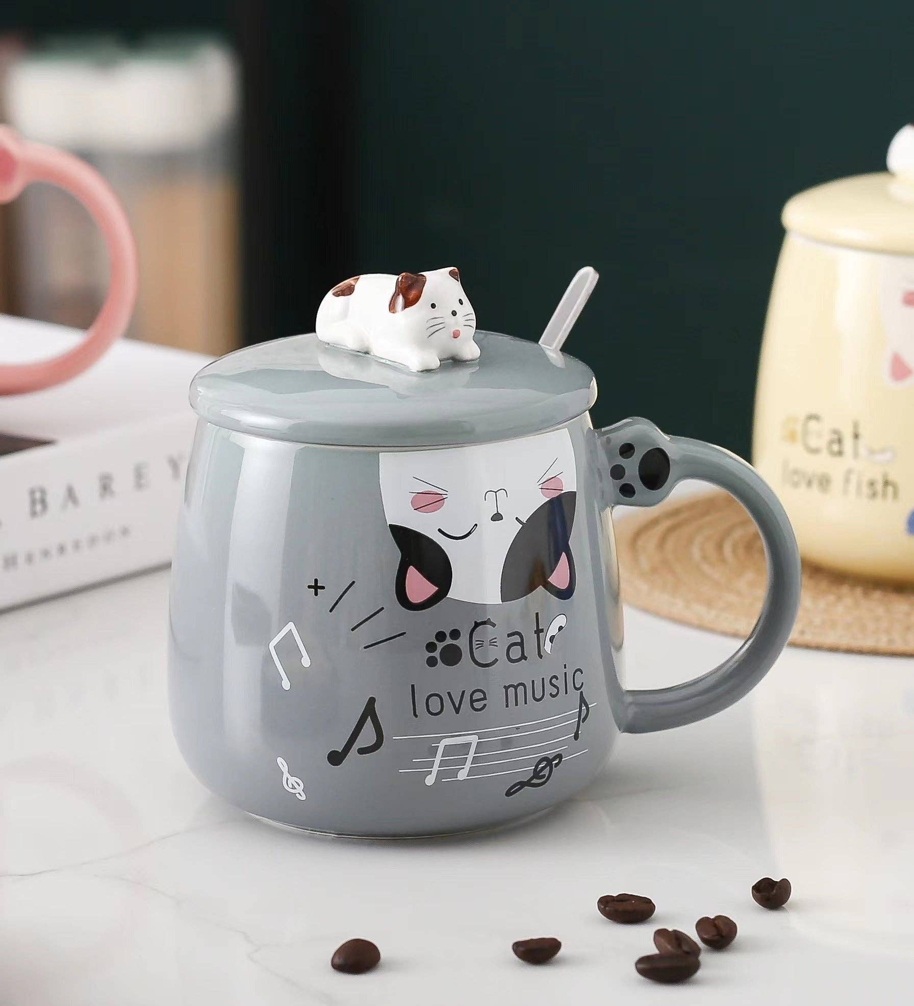 Cat Love Music 15oz Mug with Lid and Spoon – Gray