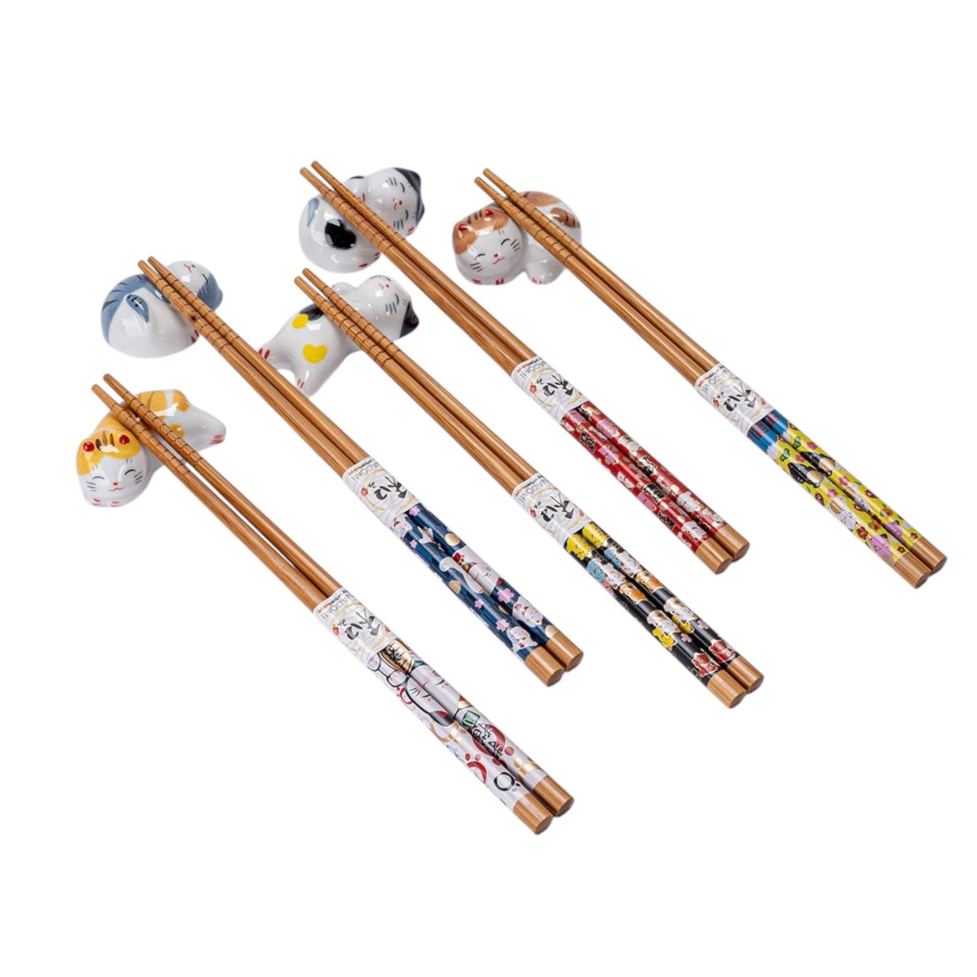 5 Pair Cute Cats Bamboo Chopsticks and Rests Gift Set (1/36)