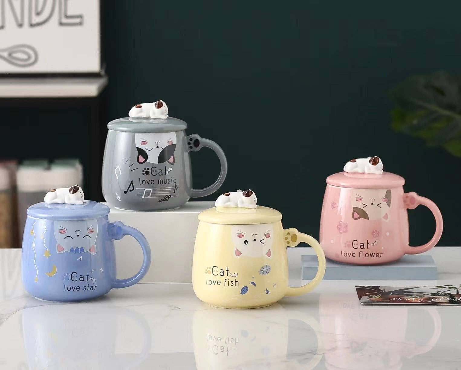 Cat Love 14oz Mug With Lid and Spoon - Thumbnail 4