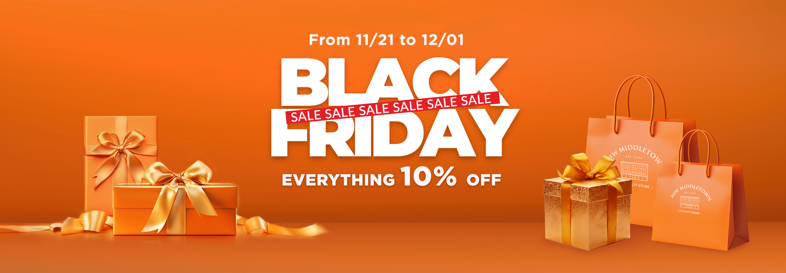 Black Friday sale banner showing gift boxes and shopping bags with 10% off promotion from November 21 to December 1. New middletown 2025 