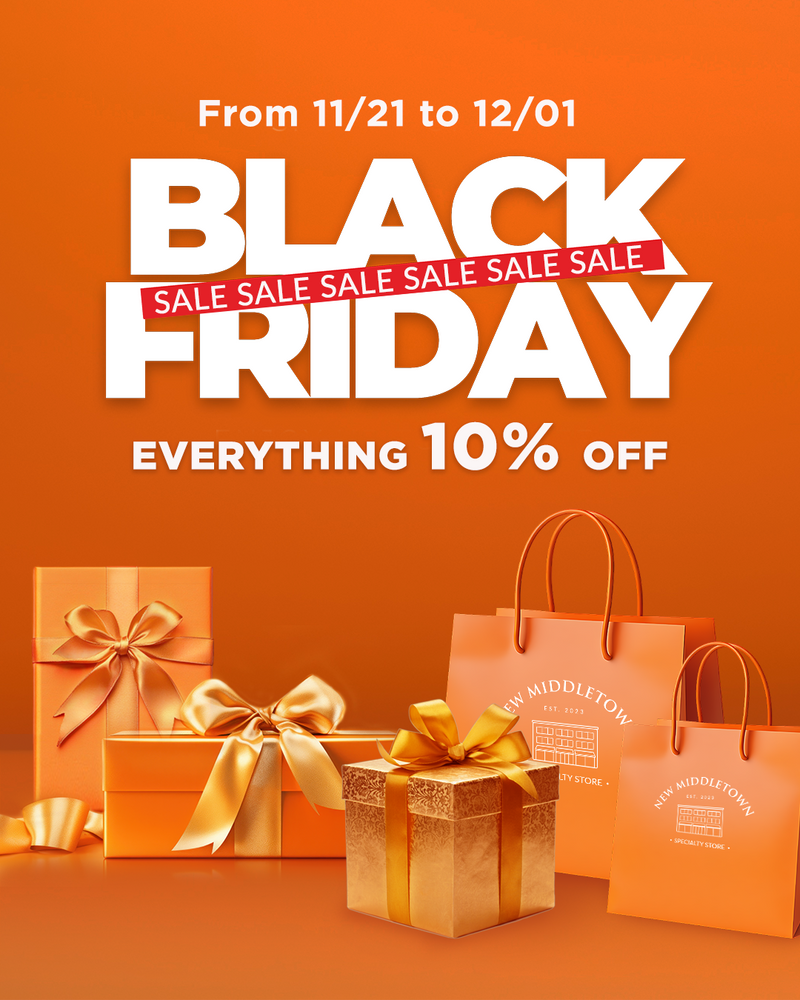 Black Friday sale banner showing gift boxes and shopping bags with 10% off promotion from November 21 to December 1. New middletown 2025 